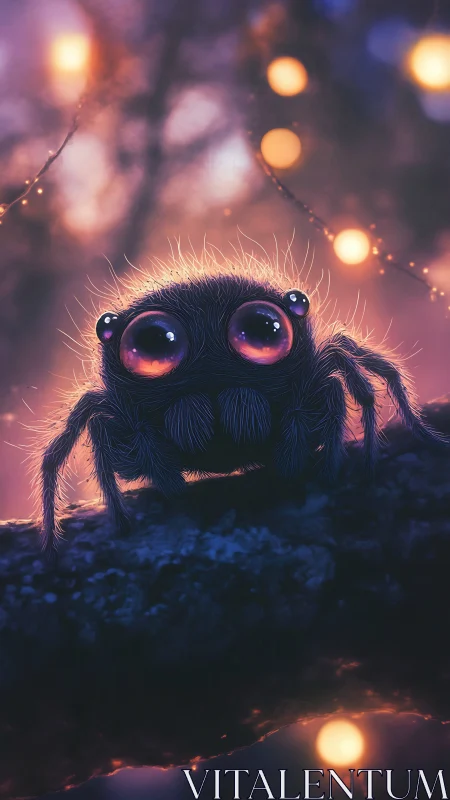 Cute fuzzy spider gazes at glowing forest lights at dusk.