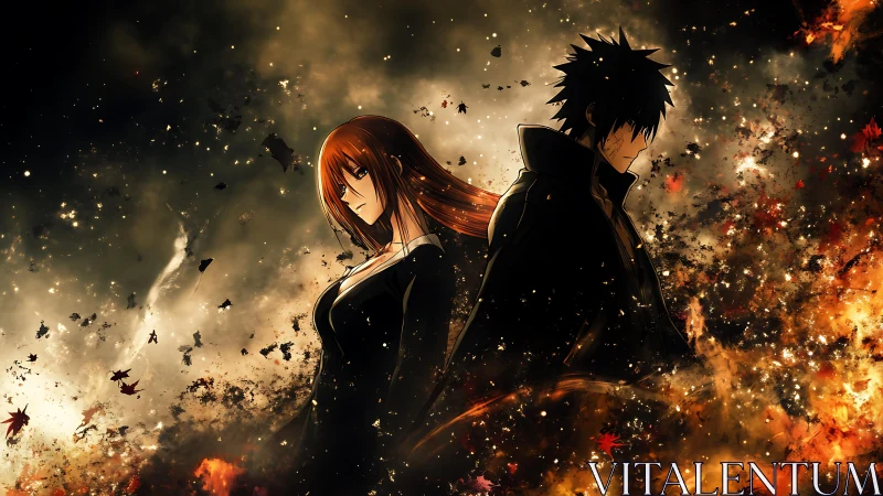 Two anime figures amid abstract fiery debris field.