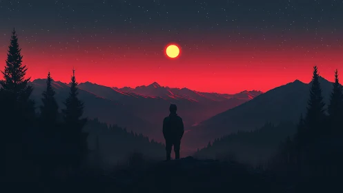 Lone stargazer drinks in a neon-red mountain dusk sky.