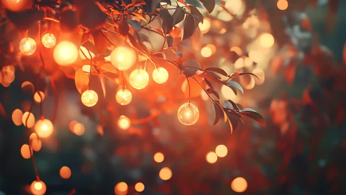 Golden twilight garden glows softly with hanging fairy lights