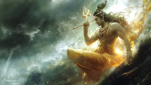 Mythic warrior seated in storm vortex with radiant golden aura