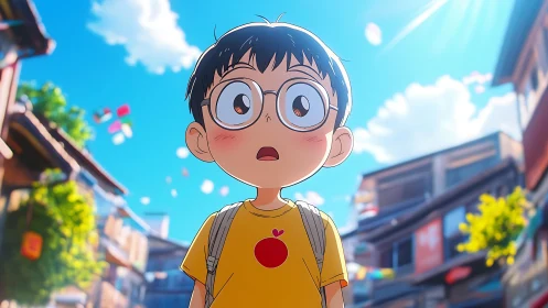 Wide-eyed anime boy explores a sunlit festival street.