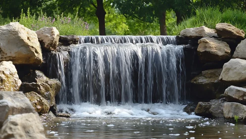 Water cascades over rock ledge into shallow landscaped pond