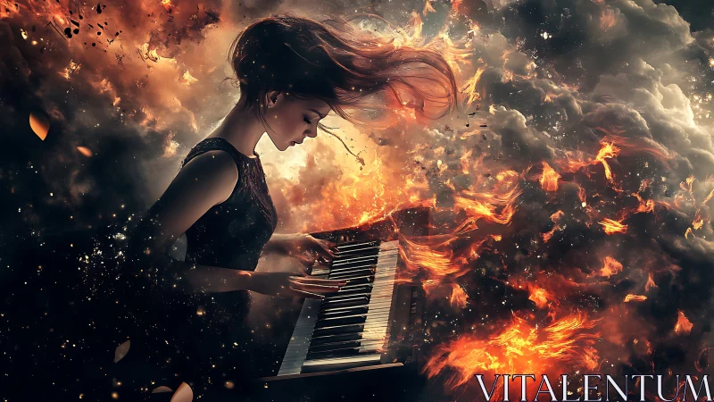 Pyrokinetic pianist in turbulent, flame-saturated cloudfield.
