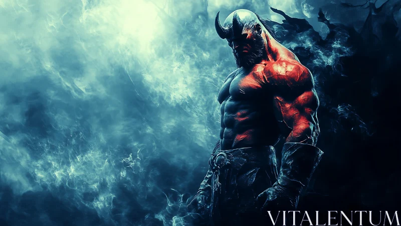 Infernal horned warrior in blue fog with dramatic rim lighting