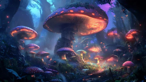 Glowing giant mushrooms dominate dense blue forest clearing