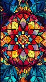 Symmetrical stained-glass mandala renders layered chromatic depth