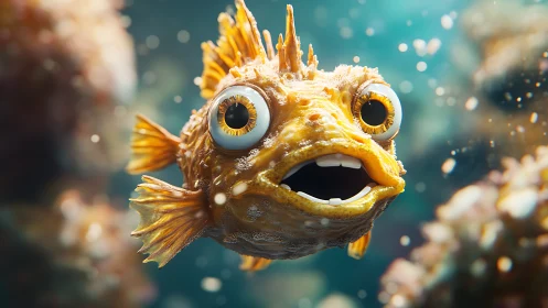 Highly detailed 3D cartoon fish with exaggerated eyes and bokeh depth