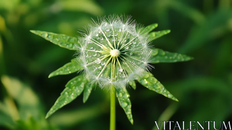 Dandelion seed head holds crystal dew drops in soft sunlight.