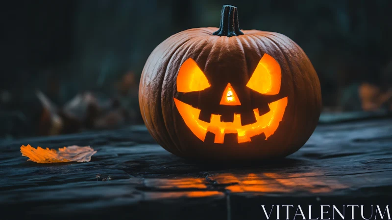 Grinning jack-o’-lantern on wet wood in moody twilight.