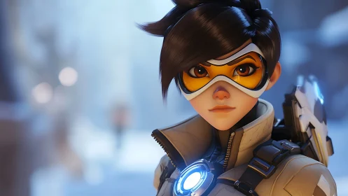 Curious sci fi heroine gazes ahead with bright energy.