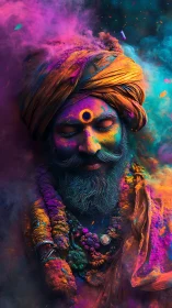 Mystic holy man immersed in radiant festival pigments.