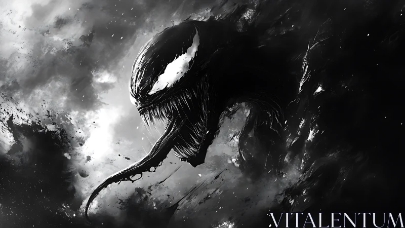 Monstrous symbiote head emerges from swirling darkness