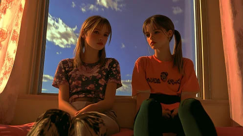 Sunlit window whispers over two pensive girls in pause.