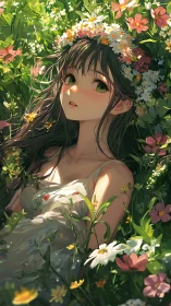 Quiet spring daydream with a shy flower-crowned girl.