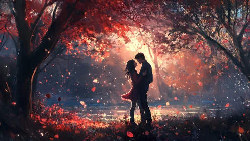 Two figures embrace beneath red autumn trees at golden hour