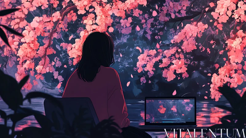 Solitary laptop user beneath luminous digital sakura canopy.