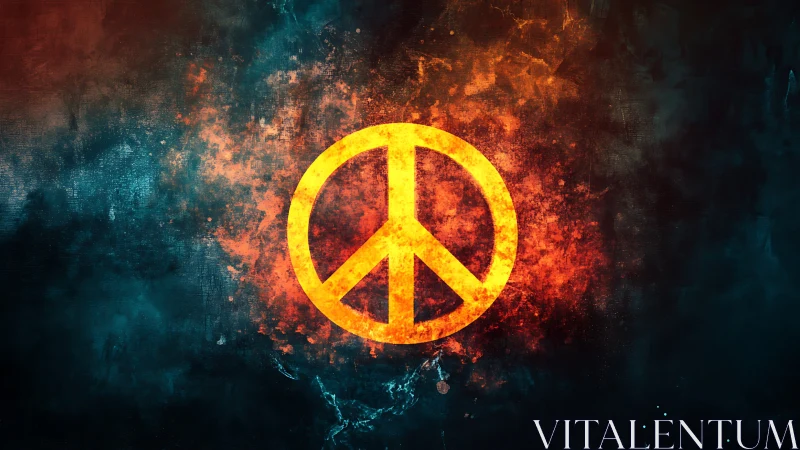 Fiery peace symbol blazes boldly through stormy teal void