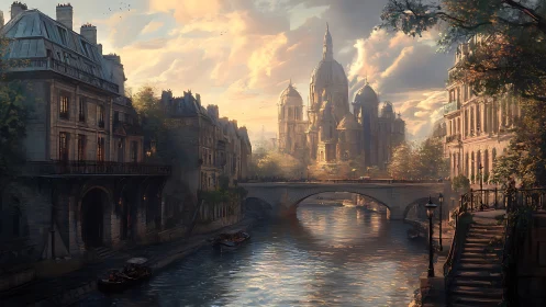 Digital painting of grand riverside cathedral at sunset.