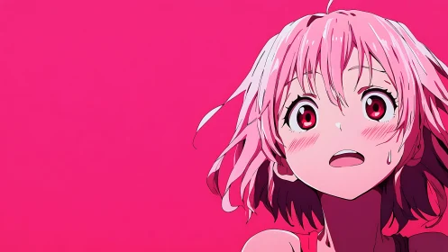 Shocked pink haired anime girl on bold magenta backdrop.