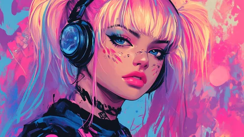 Neon cyberpunk girl with headphones in vivid portrait.