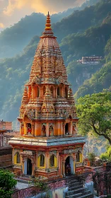 Ornate Hindu temple tower amid misty forested hills.