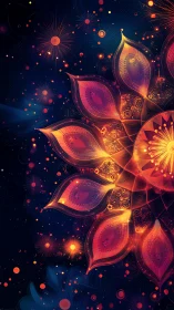 Radial floral mandala glows with layered neon petals