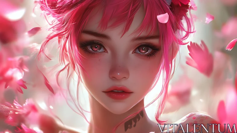 Pink-haired anime muse framed by drifting sakura petals.