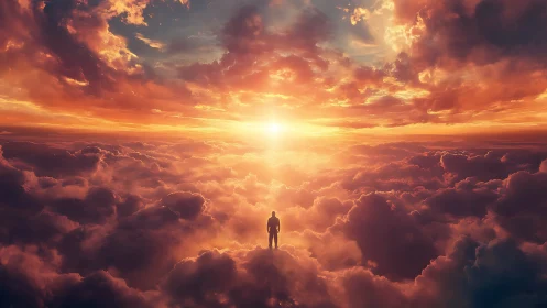 Lone figure walks above glowing clouds at radiant sunrise