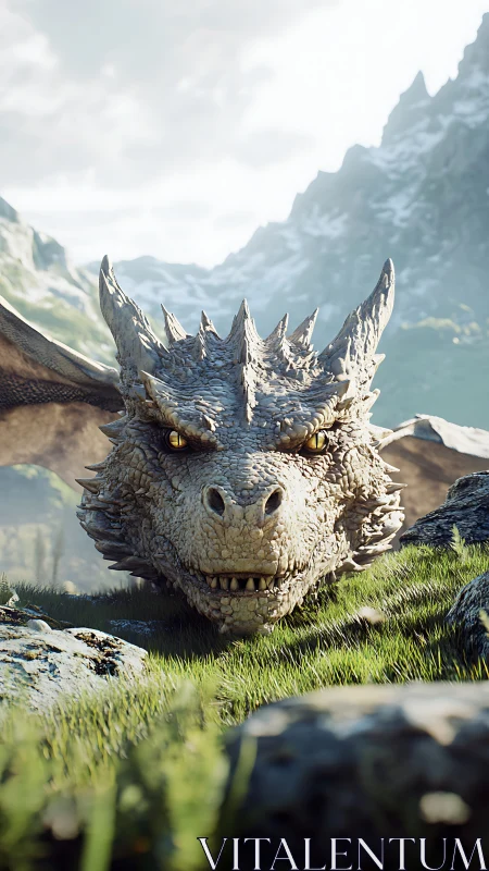 Gentle mountain dragon resting in sunlit alpine meadow.