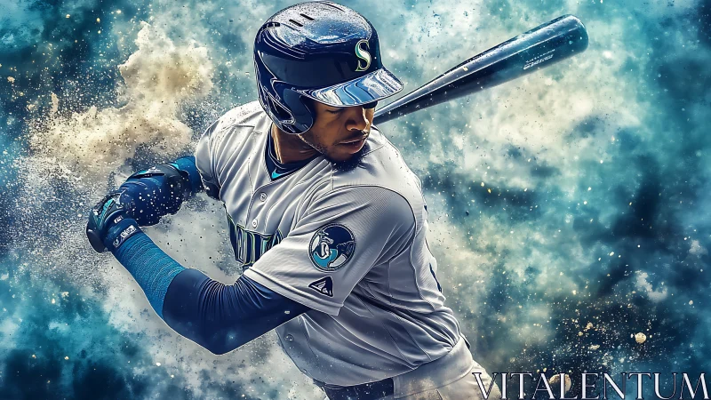 Electric baseball swing frozen in a storm of blue energy.