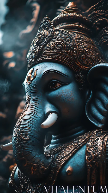 Ganesha statue glows in moody teal light and ornate bronze.