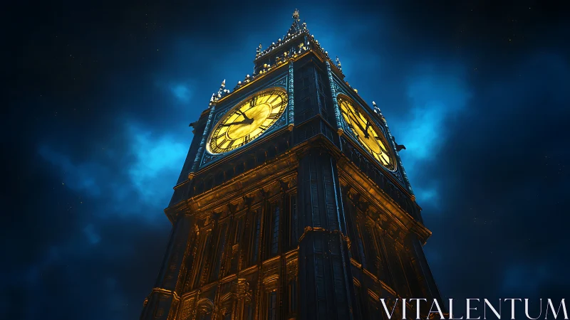 Illuminated clock tower rising against dramatic night sky.