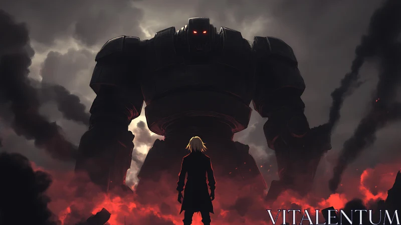 Silhouetted figure facing towering armored mech in smoke