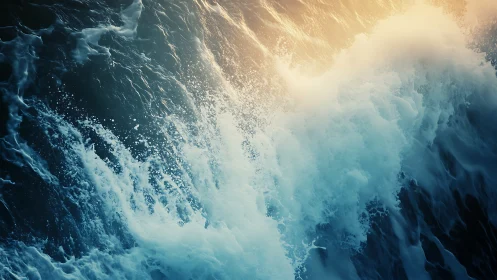 Sunlit waves crash and rise in a powerful ocean embrace