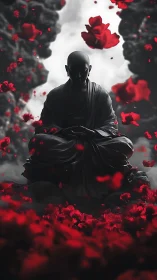 Monk in lotus pose sits among vivid red petals in mist