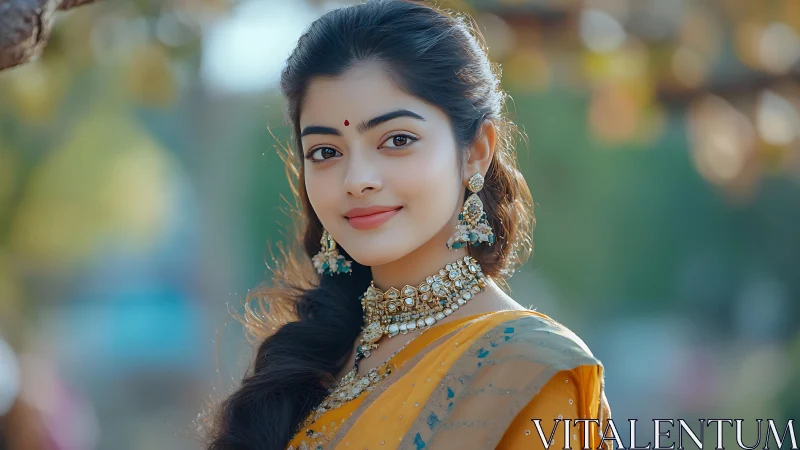 Portrait shows woman in traditional attire facing camera