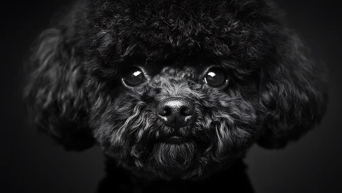 Studio portrait of curly black toy poodle in low key lighting.
