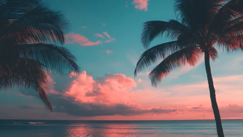 Tropical beach sunset with silhouetted palm trees and clouds.