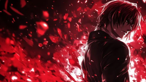 Red-haired anime antihero amid exploding crimson shards.