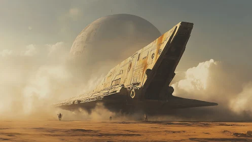Colossal desert starship descends before looming sphere