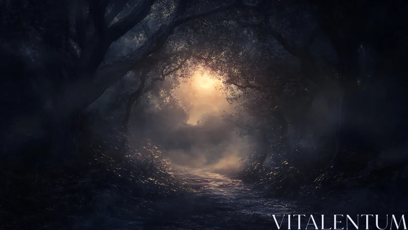 Moonlit forest path under dense misty canopy.