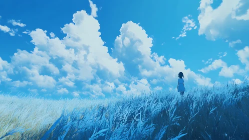 Solitary girl surveys luminous cloudscape above windblown field