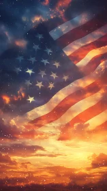 American flag blended with vivid sunset sky scene.