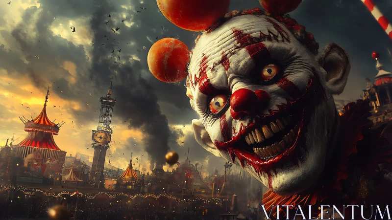 Grinning nightmare clown haunts a burning twilight carnival.