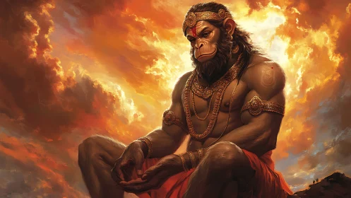 Hanuman monkey-headed deity seated against glowing sky