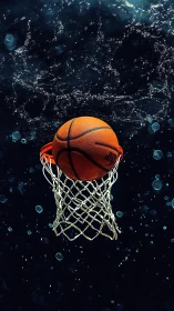 Basketball sinking through hoop in splash-filled dark space.