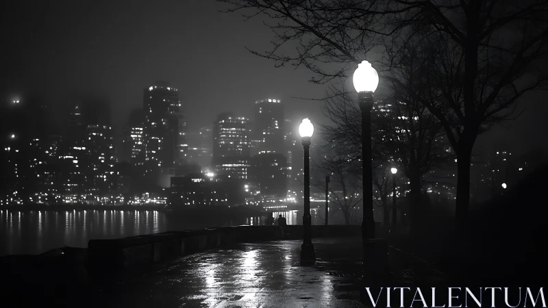 Noir riverside promenade with foggy urban skyline at night.