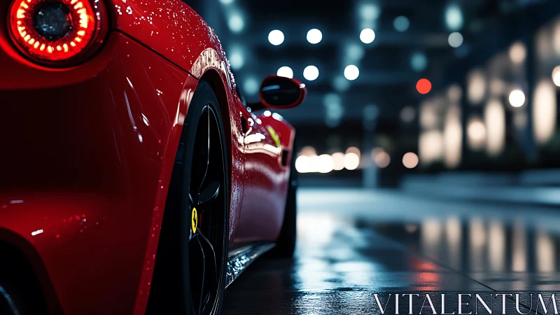 Rear quarter hypercar study with wet bokeh urban lighting.