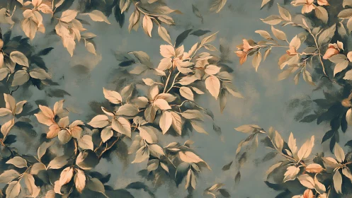 Botanical leaf pattern on muted teal painterly backdrop.